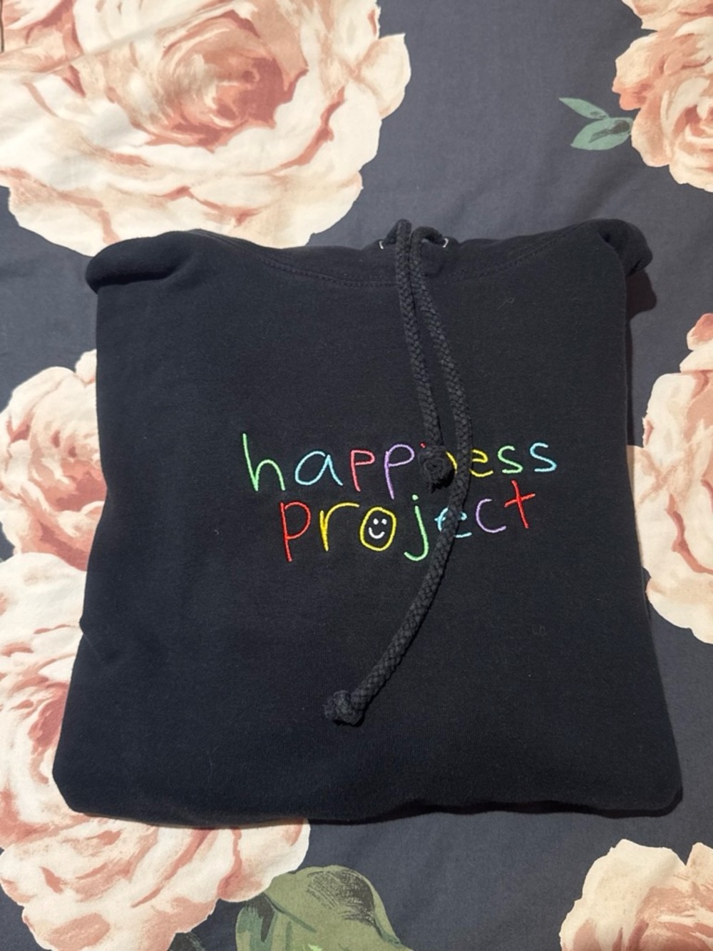 Happiness Project Black Hoodie with Rainbow Embroidery